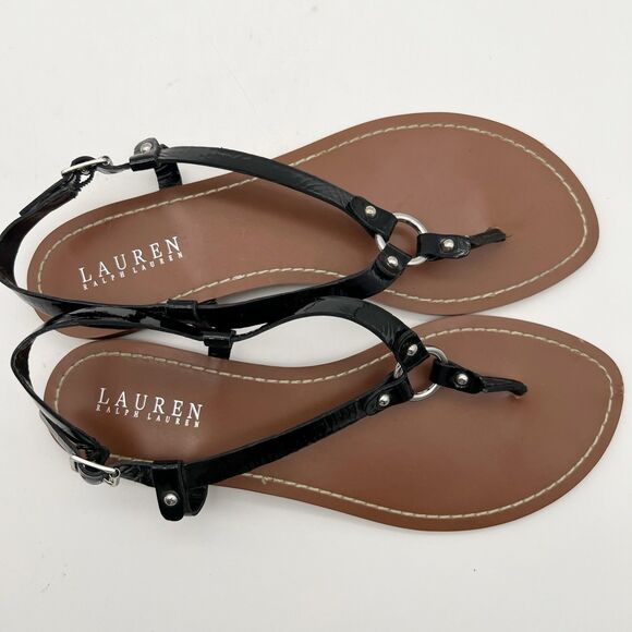 Lauren by Ralph Lauren Aurelia Black Patent Flat Harness Thong Sandals Women 10 - Picture 2 of 10